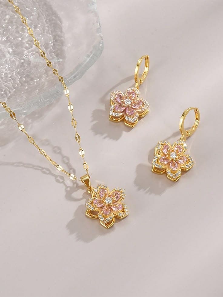Cherry Blossom Gold-Plated Necklace & Earrings Set